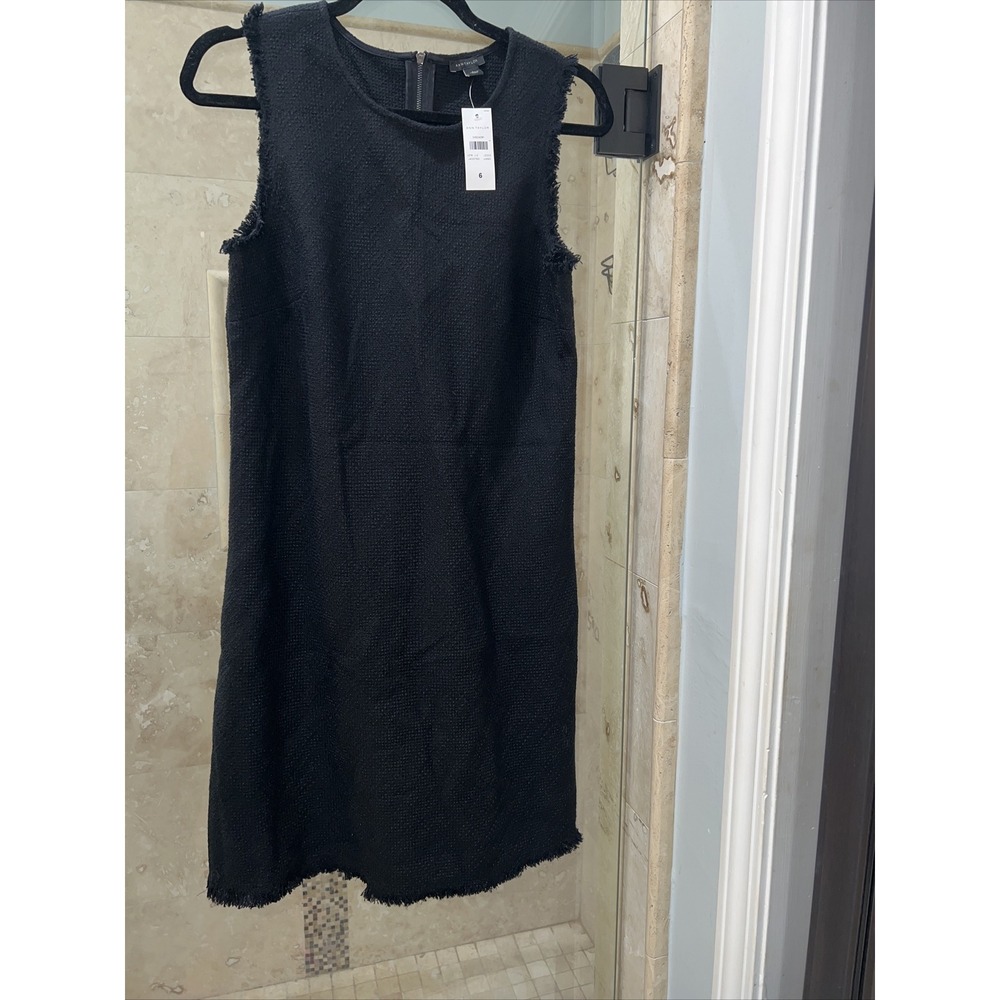 NWT $149 Ann Taylor Black Basketweave Shift Career Dress Fringe Trim LBD 6